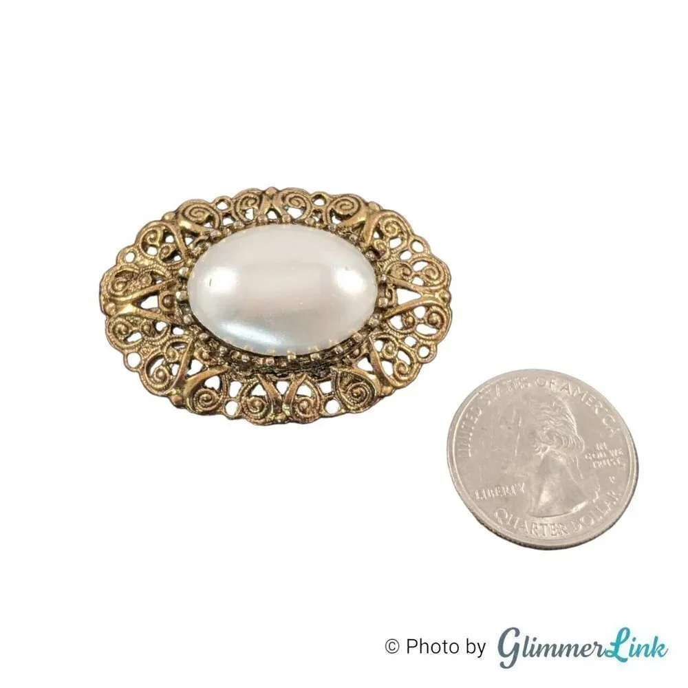 Vintage Oval Large Faux Pearl Cabochon Filigree Gold Tone Brooch Pin